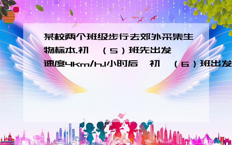 某校两个班级步行去郊外采集生物标本.初一（5）班先出发,速度4km/h.1小时后,初一（6）班出发,速度为6km/h.学校派一名联络员骑车与初一（6）班同时出发,速度为12km/h.请你设计两个不同的问题