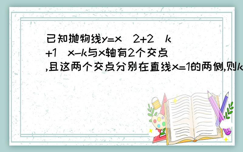 已知抛物线y=x^2+2(k+1)x-k与x轴有2个交点,且这两个交点分别在直线x=1的两侧,则k的取值范围______.要有讲解,分析,尽量详细些,要有讲解,分析,尽量详细些,要有讲解,分析,尽量详细些,要有讲解,分析