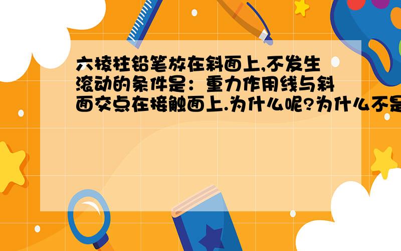 六棱柱铅笔放在斜面上,不发生滚动的条件是：重力作用线与斜面交点在接触面上.为什么呢?为什么不是考虑力矩相等呢?那如果满足上述条件而力矩不等会怎么样?因为如果铅笔不滑动,支持力