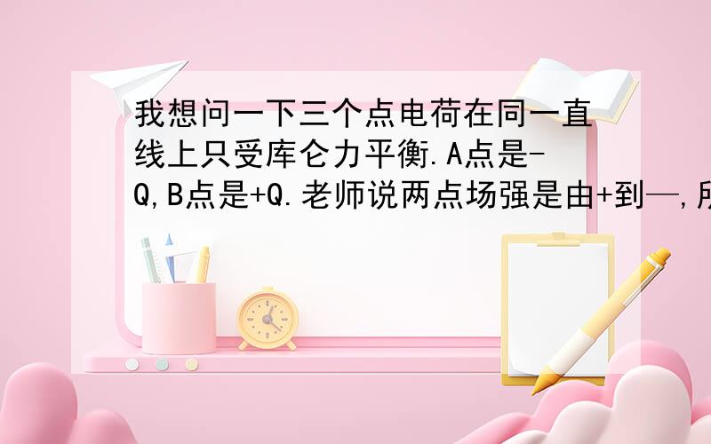 我想问一下三个点电荷在同一直线上只受库仑力平衡.A点是-Q,B点是+Q.老师说两点场强是由+到—,所以中间没有平衡的电荷.可是中间要是+电荷不就同种电荷排斥,意异种吸引了么?不太明白