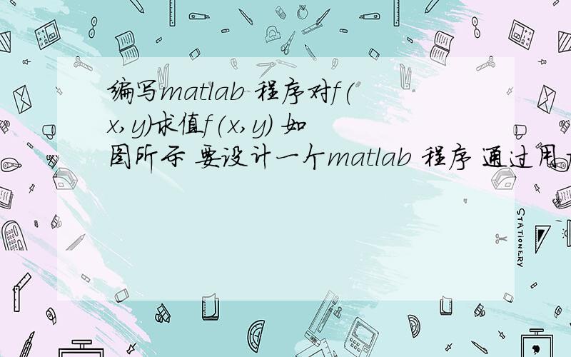 编写matlab 程序对f(x,y)求值f(x,y) 如图所示 要设计一个matlab 程序 通过用户输入x,y 的值 能对f(x,y)求值  .1）x,y  可以是任意实数 虚数或是向量 2）x,y 只能是实数 如果输入其他 则提示错误信息