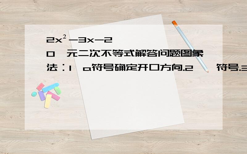 2x²-3x-2＞0一元二次不等式解答问题图象法：1,a符号确定开口方向.2,△符号.3,求根.4,画图.5,写出解集.主要是符号怎么写