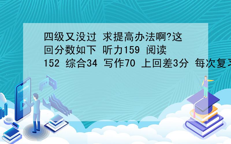 四级又没过 求提高办法啊?这回分数如下 听力159 阅读152 综合34 写作70 上回差3分 每次复习主要是背新东方那本乱序的单词 和做往年的卷子现在我哪部分最容易提高啊,要怎么复习啊?