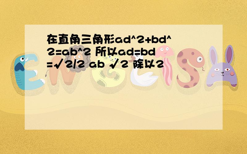 在直角三角形ad^2+bd^2=ab^2 所以ad=bd=√2/2 ab √2 除以2