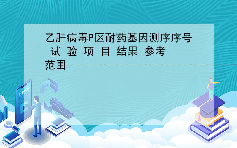 乙肝病毒P区耐药基因测序序号 试 验 项 目 结果 参考范围---------------------------------------------------------------01 173位点 173V 173V02 180位点 180L 180L03 181位点 181A 181A04 184位点 184T 184T05 202位点 202S 202S0