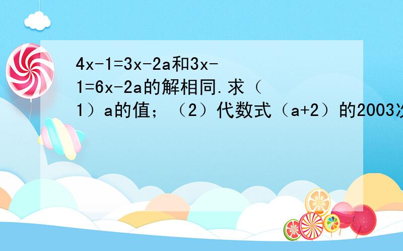 4x-1=3x-2a和3x-1=6x-2a的解相同.求（1）a的值；（2）代数式（a+2）的2003次方 程 （2a-7/5）的2004次方