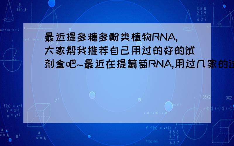 最近提多糖多酚类植物RNA,大家帮我推荐自己用过的好的试剂盒吧~最近在提葡萄RNA,用过几家的试剂盒都不行,郁闷死我了,还有上次提棉花,用的试剂盒提出来后还要处理DNA污染,有时候处理不好