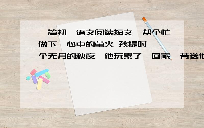 一篇初一语文阅读短文,帮个忙做下,心中的萤火 孩提时,一个无月的秋夜,他玩累了,回家,芳送他.他嫌黑,也怕黑,芳说: