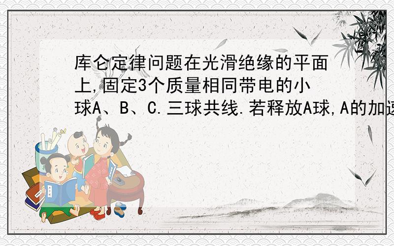 库仑定律问题在光滑绝缘的平面上,固定3个质量相同带电的小球A、B、C.三球共线.若释放A球,A的加速度为1,方向向左.若释放C,C的加速度为3,方向向右.若释放B,则B的加速度多大,方向如何?