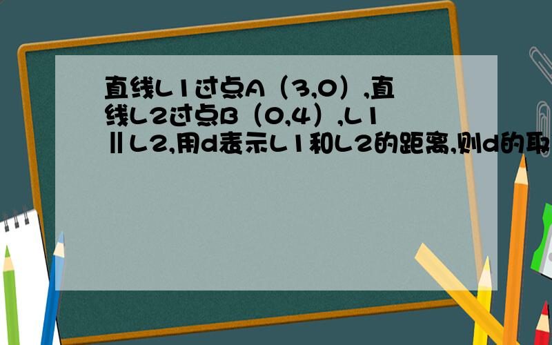 直线L1过点A（3,0）,直线L2过点B（0,4）,L1‖L2,用d表示L1和L2的距离,则d的取值范围是_______________________