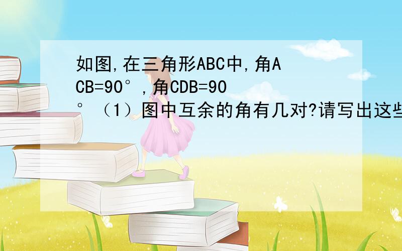 如图,在三角形ABC中,角ACB=90°,角CDB=90°（1）图中互余的角有几对?请写出这些互余的角.（2）找出图中相等的角.