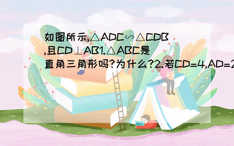 如图所示,△ADC∽△CDB,且CD⊥AB1.△ABC是直角三角形吗?为什么?2.若CD=4,AD=2,求DB的长.