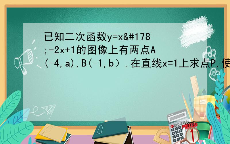 已知二次函数y=x²-2x+1的图像上有两点A(-4,a),B(-1,b）.在直线x=1上求点P,使PA+PB最小,则点P的坐标为?是二次函数。