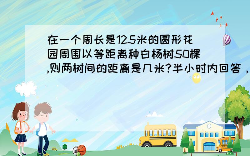 在一个周长是125米的圆形花园周围以等距离种白杨树50棵,则两树间的距离是几米?半小时内回答，