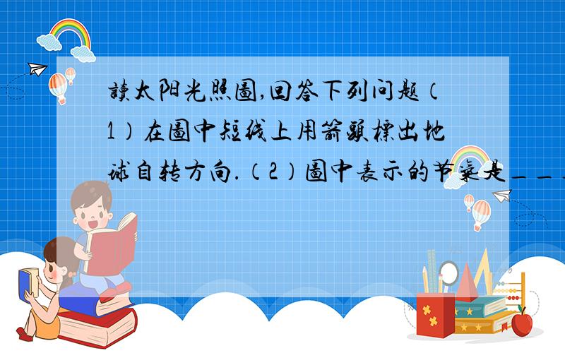 读太阳光照图,回答下列问题（1）在图中短线上用箭头标出地球自转方向.（2）图中表示的节气是____,此时正午太阳高度角达一年中最大值的地区是_____.（3）图中地方时是12点的是__和__,B地的