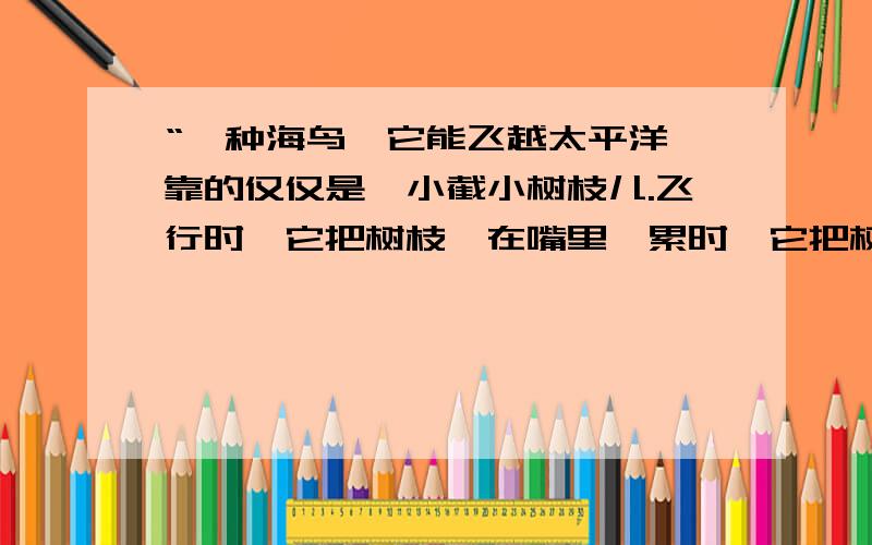 “一种海鸟,它能飞越太平洋,靠的仅仅是一小截小树枝儿.飞行时,它把树枝衎在嘴里,累时,它把树枝放在