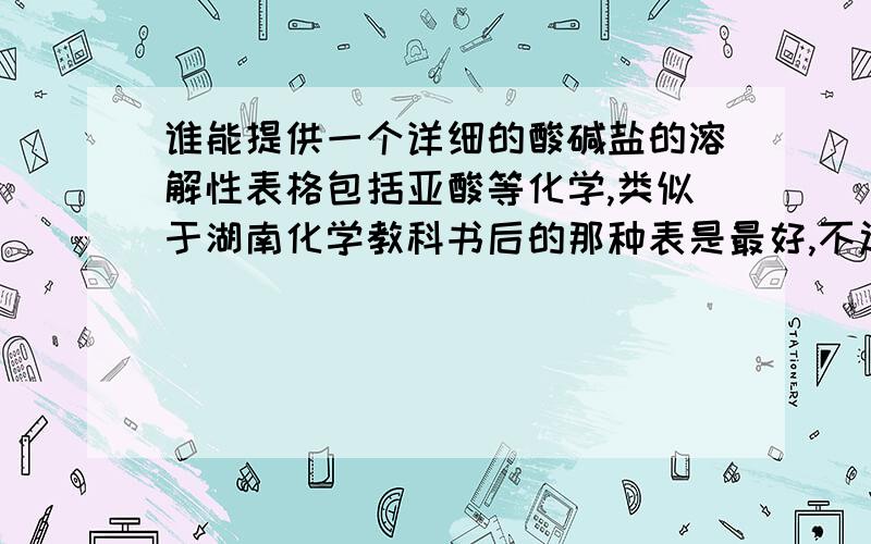 谁能提供一个详细的酸碱盐的溶解性表格包括亚酸等化学,类似于湖南化学教科书后的那种表是最好,不过要详细一点