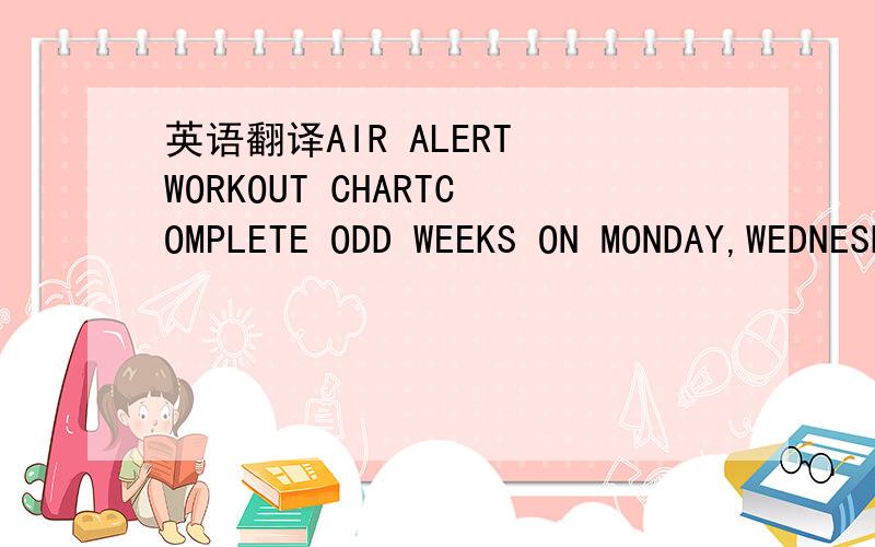 英语翻译AIR ALERT WORKOUT CHARTCOMPLETE ODD WEEKS ON MONDAY,WEDNESDAY,FRIDAYWEEK Leap Ups Calf Raises Set Ups Thrust Ups Burnouts Squat Hopssets reps sets reps sets reps sets reps sets reps sets repsCOMPLETE EVEN WEEKS ON TUESDAY,WEDNESDAY,THURSD