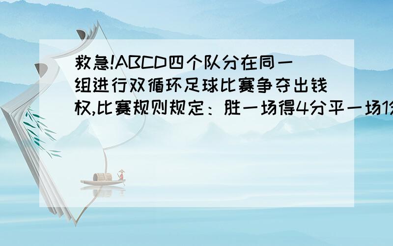 救急!ABCD四个队分在同一组进行双循环足球比赛争夺出钱权,比赛规则规定：胜一场得4分平一场1分 负一场0分小组中名次在前两个队出线（1）如果各队积分综合为N分,试求N的取值范围（2）如