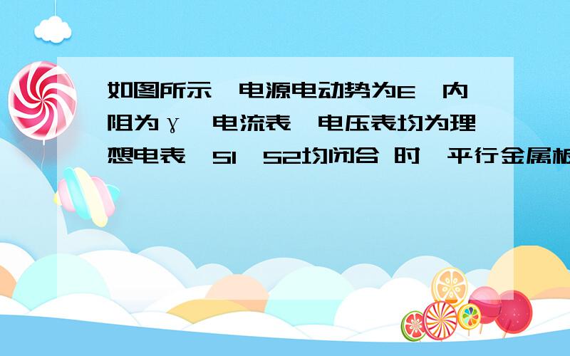 如图所示,电源电动势为E,内阻为γ,电流表、电压表均为理想电表,S1、S2均闭合 时,平行金属板中带电质点P恰处于静止状态,则（ ）A．仅断开S1,质点P将向下运动B．仅断开S2,质点P将向上运动