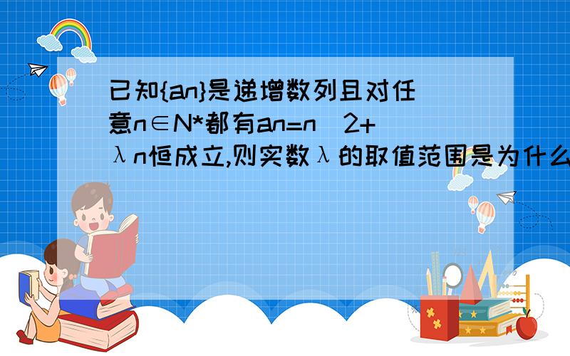 已知{an}是递增数列且对任意n∈N*都有an=n^2+λn恒成立,则实数λ的取值范围是为什么不-入/2＜1算啊?可是答案是入大于3.求哪位大侠解下题.我在这儿谢了额数列是离散的，函数是连续的,可是求