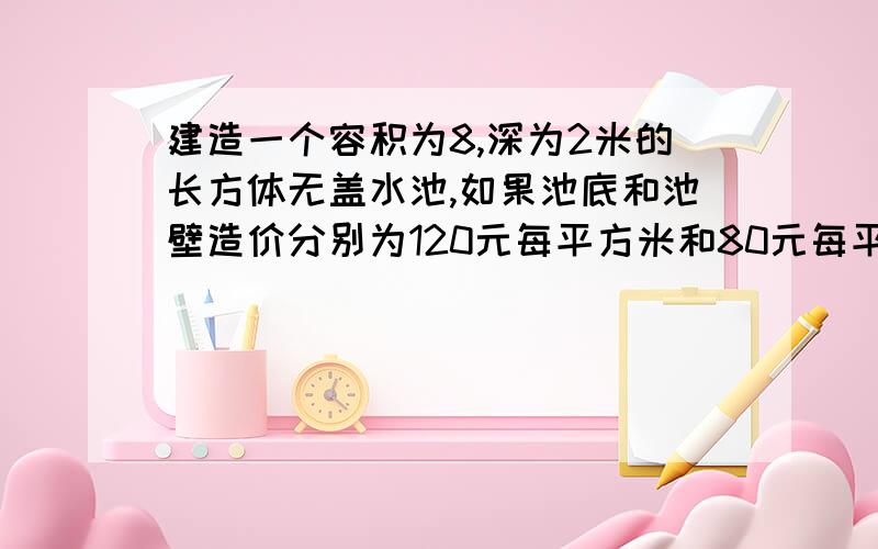 建造一个容积为8,深为2米的长方体无盖水池,如果池底和池壁造价分别为120元每平方米和80元每平方米,求总造价Y与底边长X的解析式,指出定义域特别是思路【我想了2天了