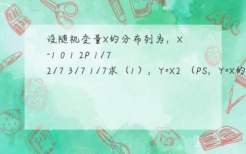 设随机变量X的分布列为：X -1 0 1 2P 1/7 2/7 3/7 1/7求（1）：Y=X2 （PS：Y=X的平方）的分布列（2）：Y的分布函数F（y）（3）：二维随机变量（X,Y）的分布列