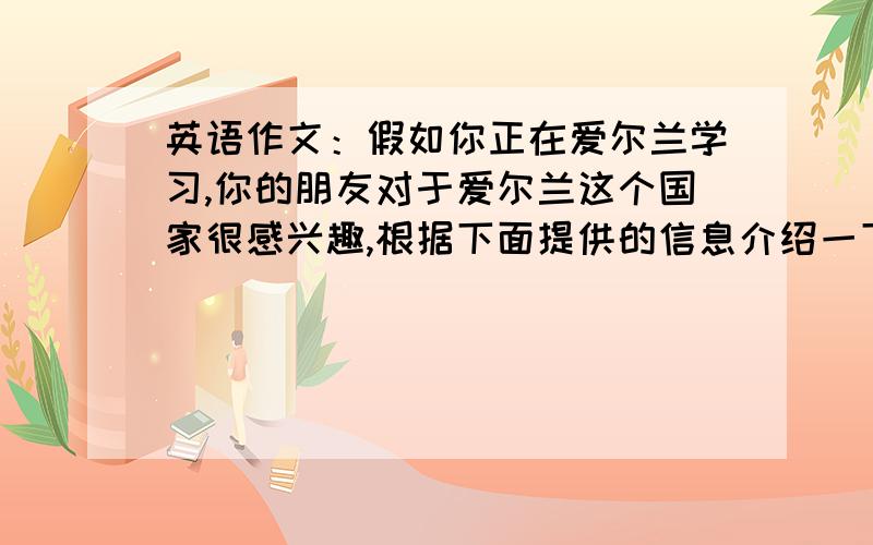 英语作文：假如你正在爱尔兰学习,你的朋友对于爱尔兰这个国家很感兴趣,根据下面提供的信息介绍一下Republic of Ireland的基本情况,词数120左右.国名：republic of Ireland 位置：英国四面首都：Dub