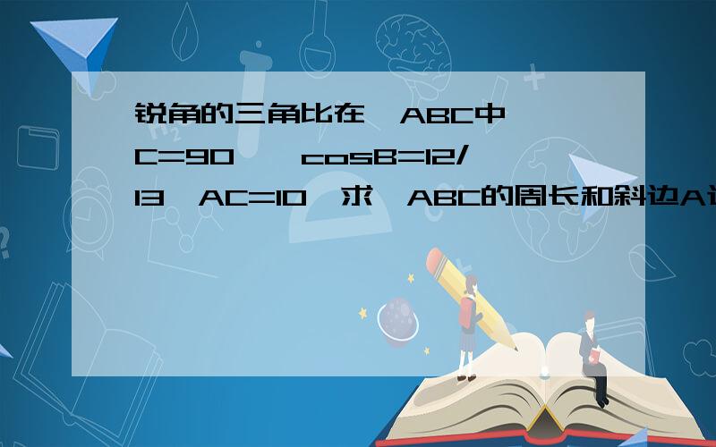 锐角的三角比在△ABC中,∠C=90°,cosB=12/13,AC=10,求△ABC的周长和斜边A边上的高.ru