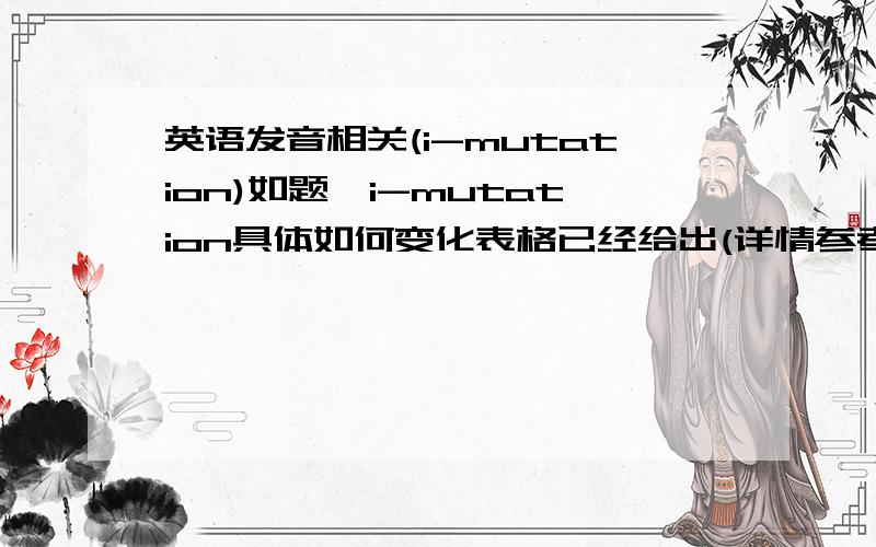 英语发音相关(i-mutation)如题,i-mutation具体如何变化表格已经给出(详情参考A Guide to Old English,p.28),我们也不难从MnE man-men,goose-geese,OE mann-menn,MnG sprechen-spricht,essen-iss(MnG的例子不大肯定,只是其元