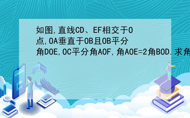 如图,直线CD、EF相交于O点,OA垂直于OB且OB平分角DOE,OC平分角AOF,角AOE=2角BOD.求角BOC的大小