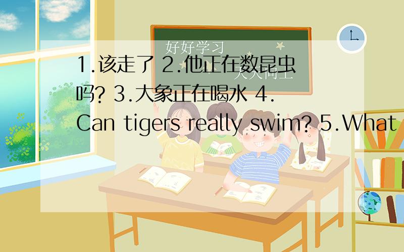 1.该走了 2.他正在数昆虫吗? 3.大象正在喝水 4.Can tigers really swim? 5.What about the baby panda?英汉互译