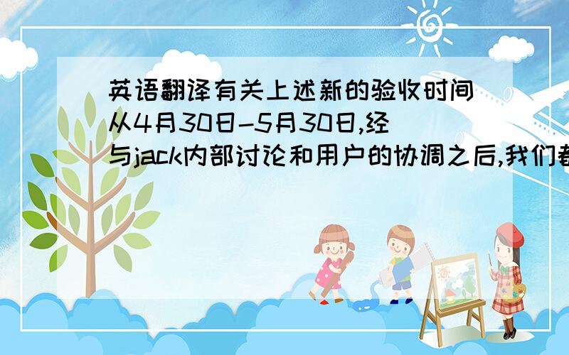 英语翻译有关上述新的验收时间从4月30日-5月30日,经与jack内部讨论和用户的协调之后,我们都一致同意代表团应尽快前往瑞士完成设备的验收工作.