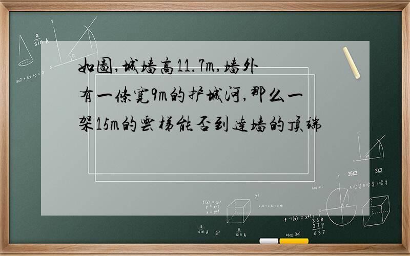 如图,城墙高11.7m,墙外有一条宽9m的护城河,那么一架15m的云梯能否到达墙的顶端