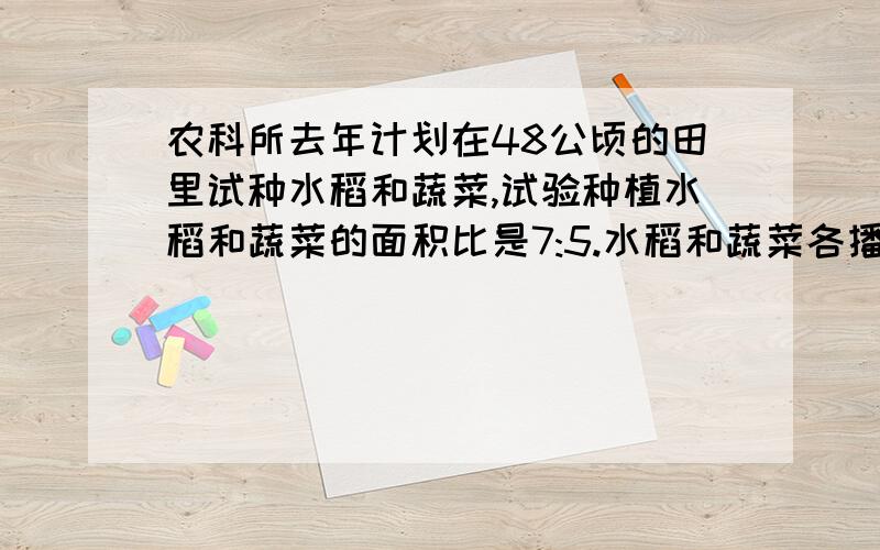 农科所去年计划在48公顷的田里试种水稻和蔬菜,试验种植水稻和蔬菜的面积比是7:5.水稻和蔬菜各播种多少公顷?三角形的三条边的比是6：5:4,用360分米长的铁丝围成这样4个完全一样的三角形,