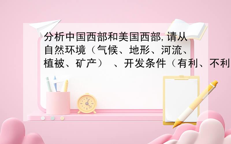 分析中国西部和美国西部,请从自然环境（气候、地形、河流、植被、矿产） 、开发条件（有利、不利）