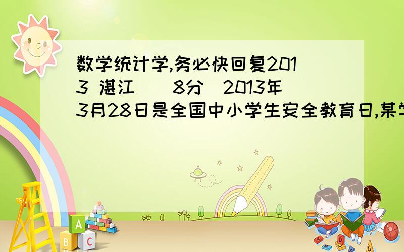 数学统计学,务必快回复2013 湛江)(8分)2013年3月28日是全国中小学生安全教育日,某学校为加强学生的安全意识,组织了全校1500名学生参加安全知识竞赛,从中抽取了部分学生成绩(得分取正整数,