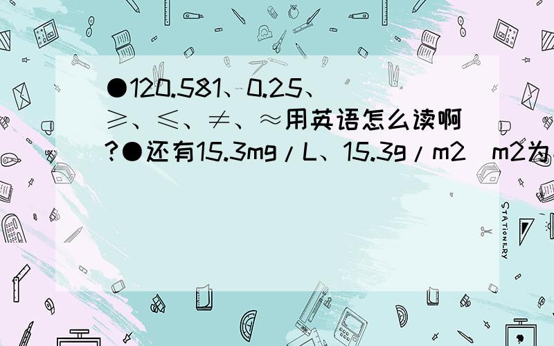 ●120.581、0.25、≥、≤、≠、≈用英语怎么读啊?●还有15.3mg/L、15.3g/m2（m2为平方米的意思）英语怎么读?