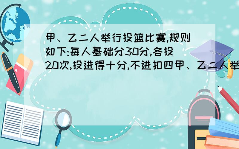 甲、乙二人举行投篮比赛,规则如下:每人基础分30分,各投20次,投进得十分,不进扣四甲、乙二人举行投篮比赛,规则如下：每人基础分30分,各投20次,投进得十分,不进扣四分,已知甲得了146分,乙去