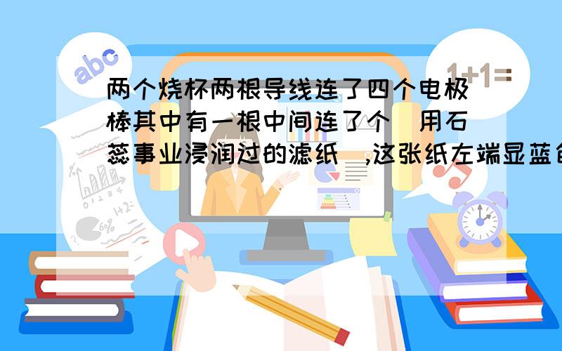 两个烧杯两根导线连了四个电极棒其中有一根中间连了个（用石蕊事业浸润过的滤纸）,这张纸左端显蓝色右端显红色,左端的量各电极棒分别为锌和银,电解液为硫酸铜,右端烧杯的两电极棒是