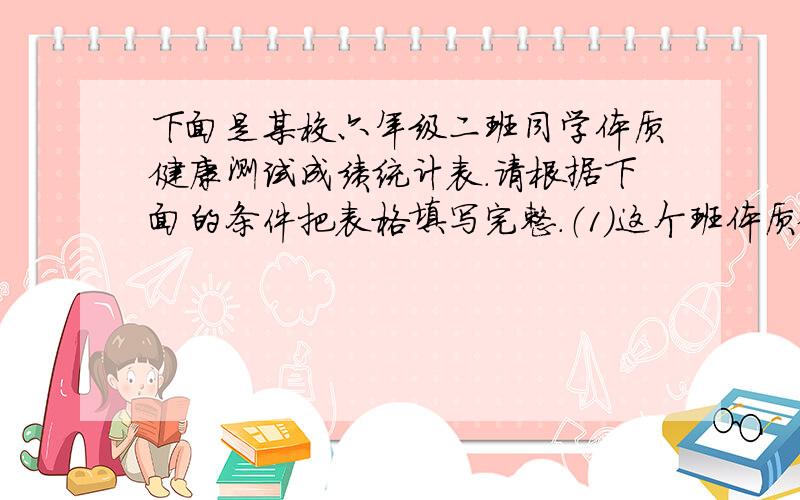 下面是某校六年级二班同学体质健康测试成绩统计表.请根据下面的条件把表格填写完整.（1）这个班体质健康测试的及格率是95%.（2）成绩优秀的人数占全班的35%.（3）成绩良好的人数比优秀