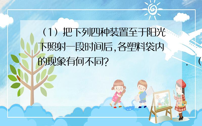 （1）把下列四种装置至于阳光下照射一段时间后,各塑料袋内的现象有何不同?                    . （2）能够合理说明植物蒸腾作用的装置是          ,可用来作为对照的装置是           ,其变量为