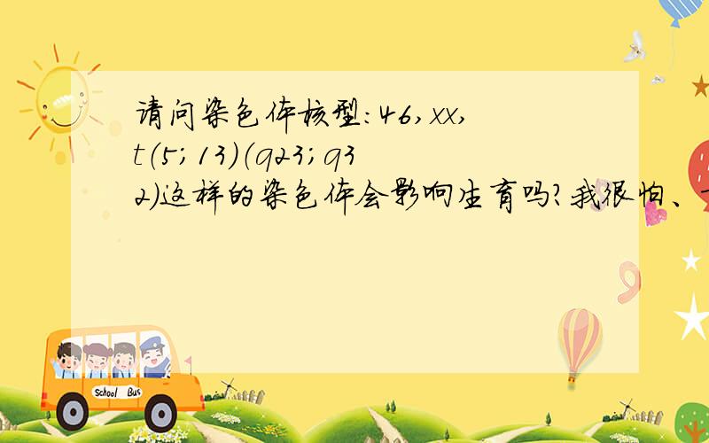 请问染色体核型：46,xx,t（5；13）（q23；q32）这样的染色体会影响生育吗?我很怕、希望知道的朋友们或遇到过这种情况的人给我说说