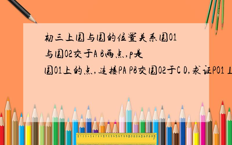 初三上圆与圆的位置关系圆O1与圆O2交于A B两点,p是圆O1上的点,连接PA PB交圆O2于C D,求证PO1⊥CD