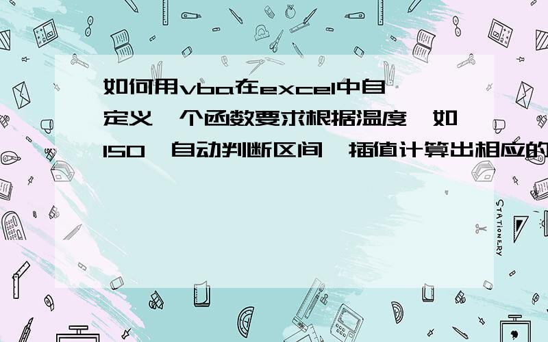 如何用vba在excel中自定义一个函数要求根据温度,如150,自动判断区间,插值计算出相应的焓值,差不多向forecast（）这样的函数,但是要求是在两个温度间按直线插值,而不是整个组线性拟合