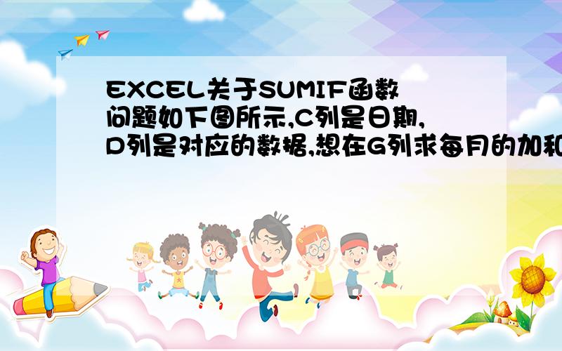 EXCEL关于SUMIF函数问题如下图所示,C列是日期,D列是对应的数据,想在G列求每月的加和,不想每月SUM一下,能不能根据F列月份条件,搜索C列的日期,从而对D列求和?