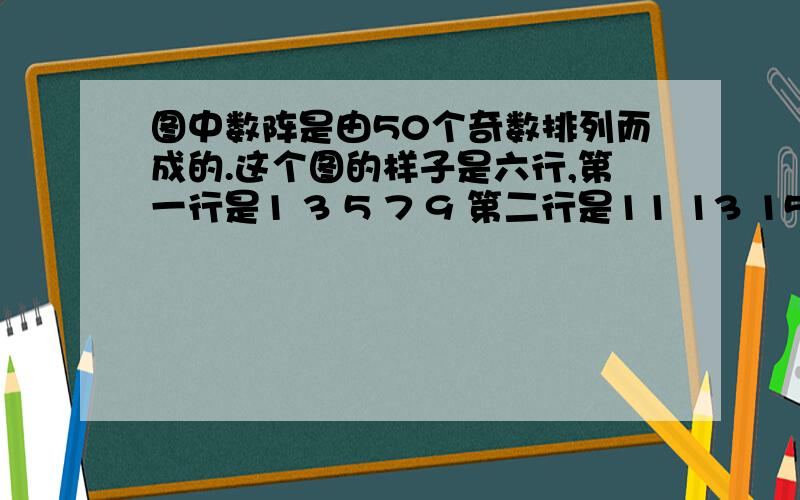 图中数阵是由50个奇数排列而成的.这个图的样子是六行,第一行是1 3 5 7 9 第二行是11 13 15 17 19 第三行是21 23 25 27 29   第四行是31 33 35 37 39   第五行是省略号,第六行91  93  95  97  99    第一个问题