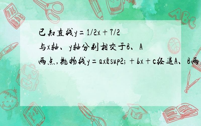 已知直线y=1/2x+7/2与x轴、y轴分别相交于B、A两点,抛物线y=ax²+bx+c经过A、B两点,且对称轴是直线x=（1）求A,B两点的坐标和抛物线解析式（2）若点P以1个单位每秒的速度从点B沿x轴向点O运动.过