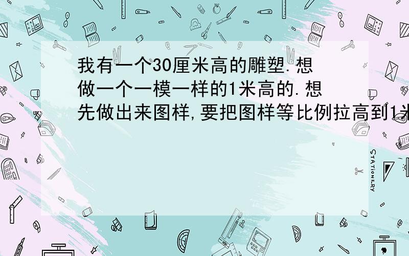 我有一个30厘米高的雕塑.想做一个一模一样的1米高的.想先做出来图样,要把图样等比例拉高到1米.用什么软件