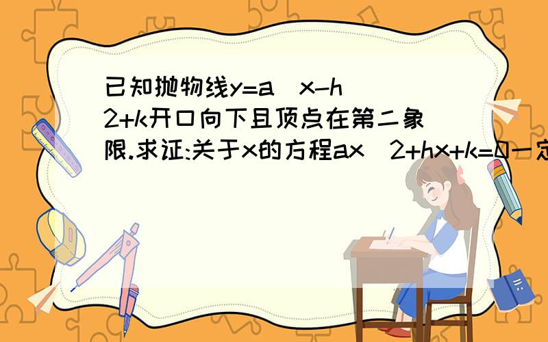 已知抛物线y=a(x-h)^2+k开口向下且顶点在第二象限.求证:关于x的方程ax^2+hx+k=0一定有两个不相等的实数根.